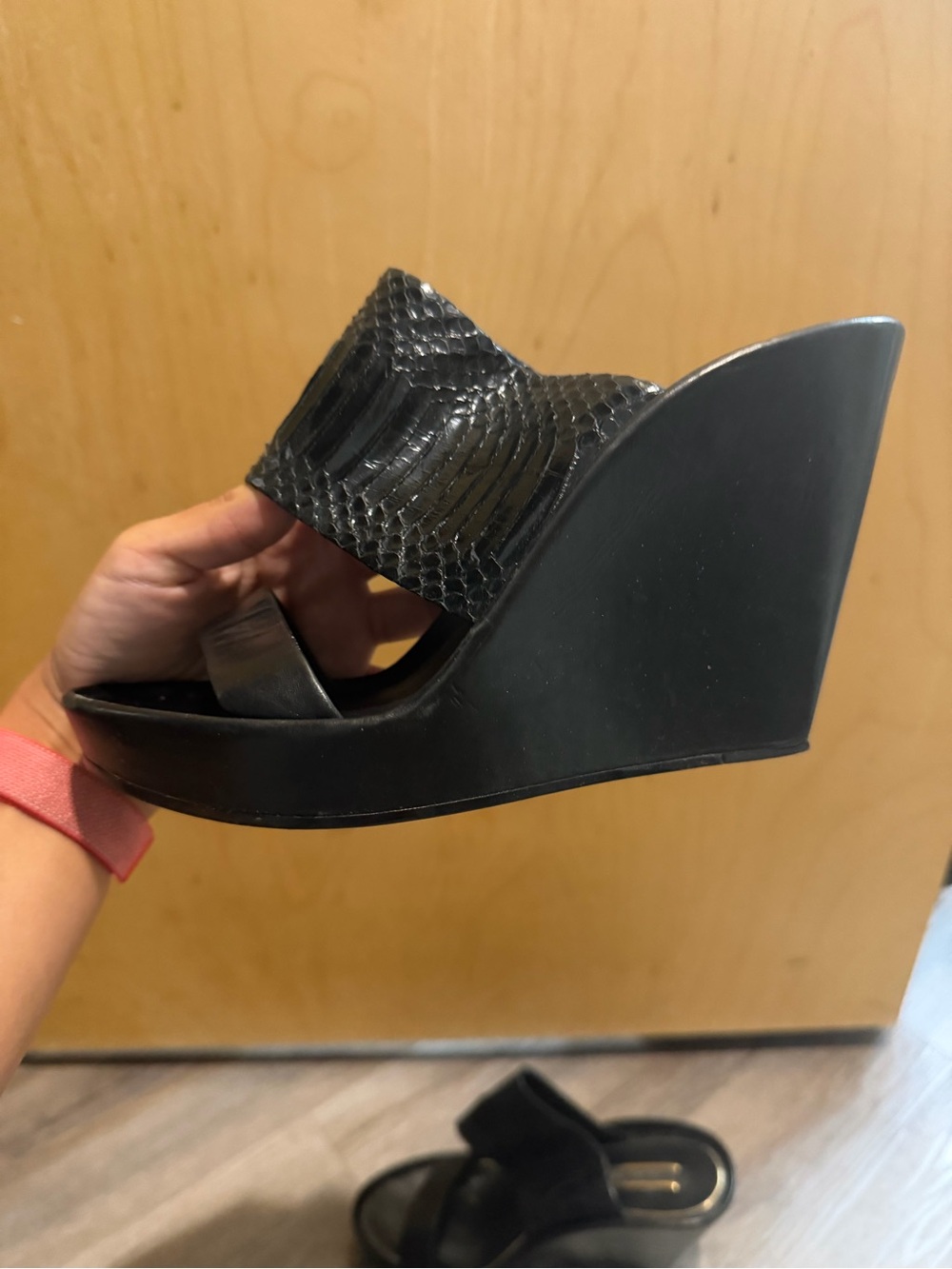 Rachel Zoe Black Textured Platform Wedge Slide Sandals